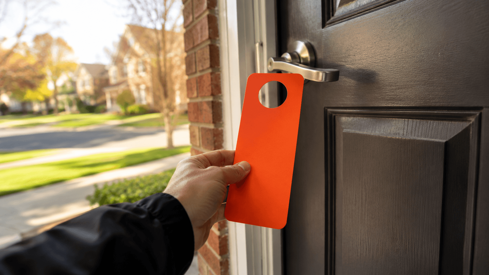 Person placing a door hanger